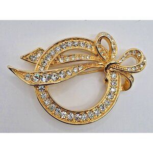 Vintage Signed Nolan Miller Bow Circle Gold Tone Brooch Pin w/Rhinestones 2" EUC